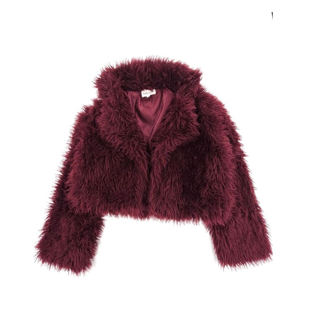 NEW Selfie Leslie Faux Fur Cropped Jacket Burgundy Shaggy 90s Y2k Indie Sleaze